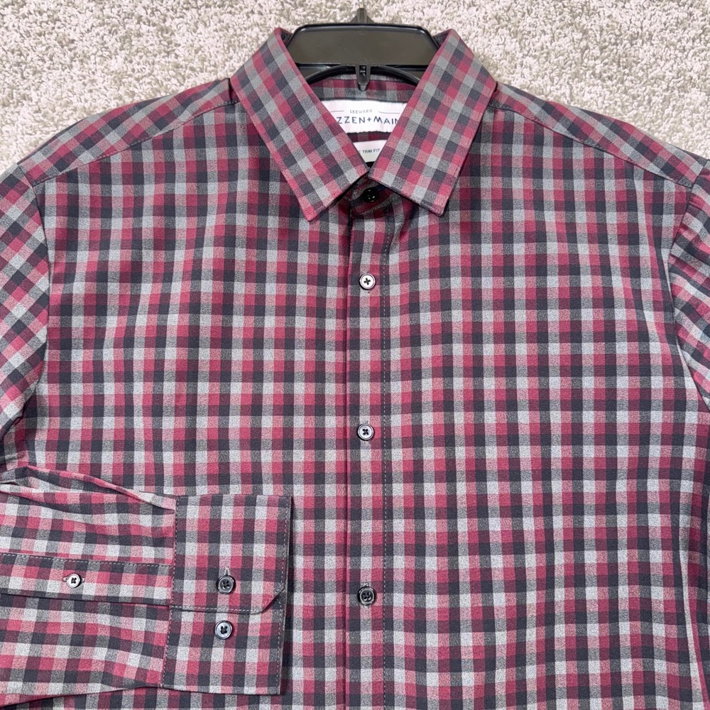 Mizzen + Main Mens Leeward Large Trim Fit Plaid Dress Shirt Burgundy Gray